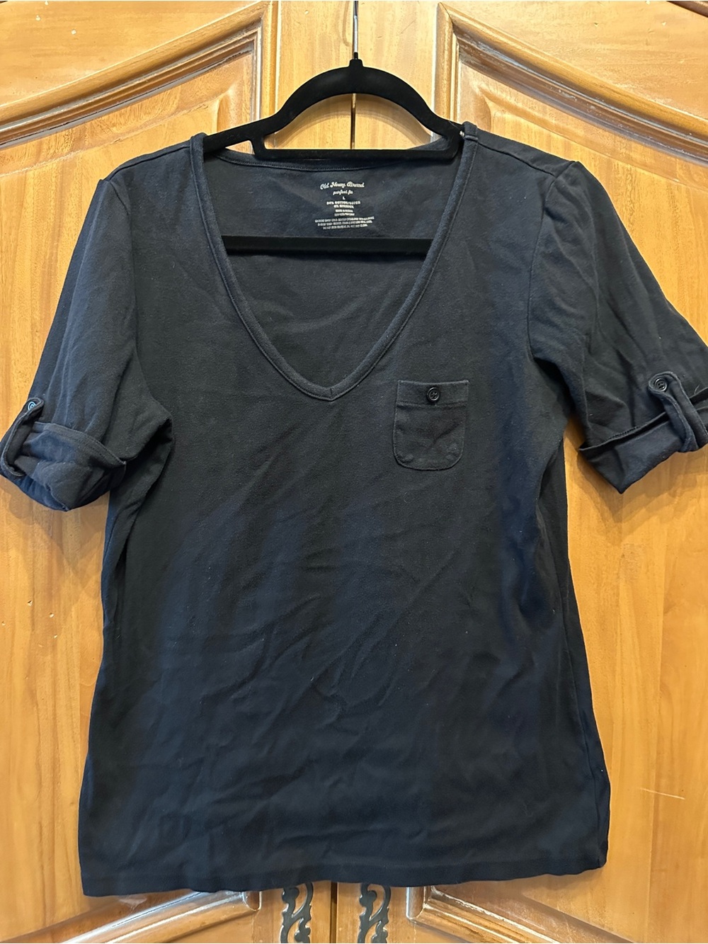 Old Navy Black V-Neck Short Sleeve Pocket Tee with Roll-Tab Sleeves